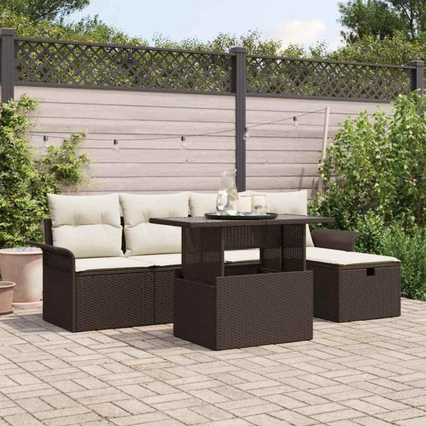ARDEBO.de - 6-teiliges Garten Sofa Set mit Kissen, braunes Poly Rattan, 2-Sitzer Garten Sofa mit Stauraum & Kissen, braunes Poly Rattan