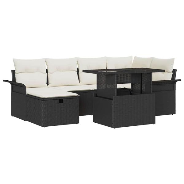 7-teiliges Garten-Sofa-Set mit Kissen Schwarz Poly-Rattan, 2-Sitzer Garten-Sofa mit Stauraum & Kissen Schwarz Poly-Rattan
