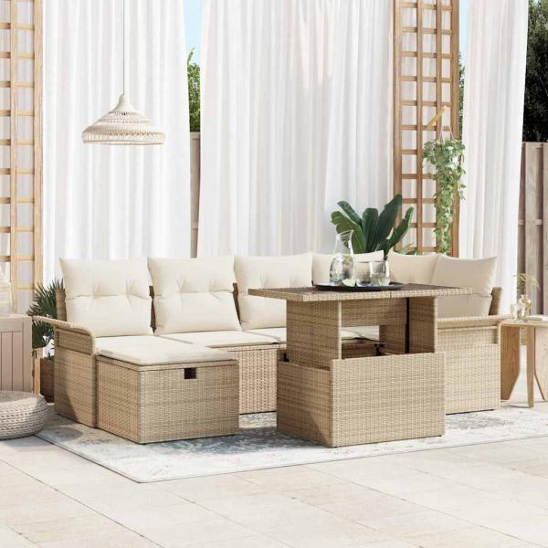 ARDEBO.de - 7-teiliges Garten Sofa Set mit Kissen Beige Poly Rattan, 2-Sitzer Garten Sofa mit Stauraum & Kissen Beige Poly Rattan