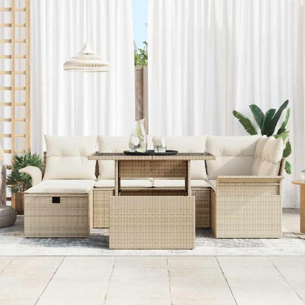 7-teiliges Garten Sofa Set mit Kissen Beige Poly Rattan, 2-Sitzer Garten Sofa mit Stauraum & Kissen Beige Poly Rattan