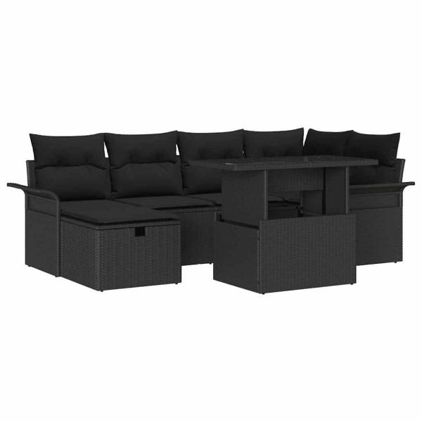 ARDEBO.de - 7-teiliges Garten-Sofa-Set mit Kissen Schwarz Poly Rattan, 2-Sitzer Garten-Sofa mit Stauraum & Kissen Schwarz Poly Rattan