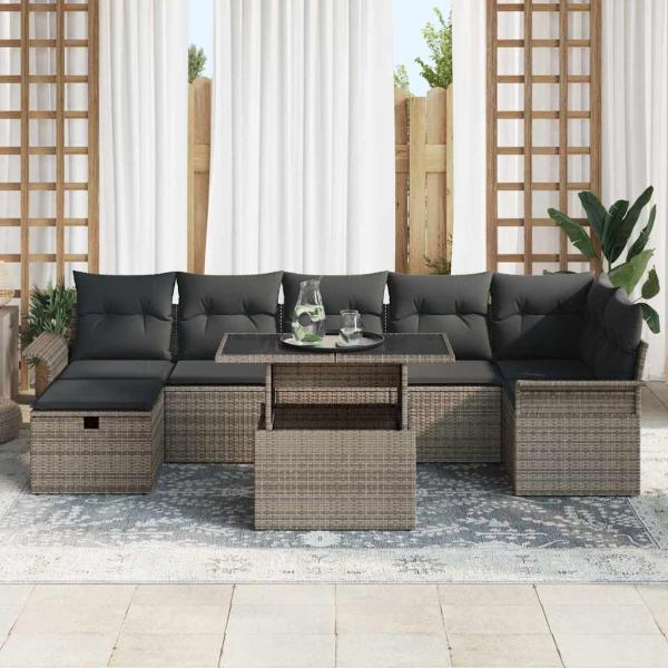 8-teiliges Garten Sofa Set mit Kissen grau Poly Rattan, 2-Sitzer Garten Sofa mit Stauraum & Kissen grau Poly Rattan