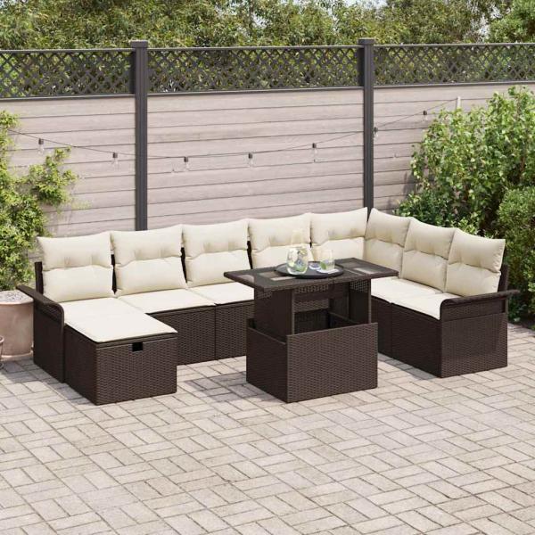 ARDEBO.de - 9-teiliges Garten-Sofaset mit Kissen aus braunem Poly-Rattan, 2-Sitzer Garten-Sofa mit Stauraum und Kissen aus braunem Poly-Rattan
