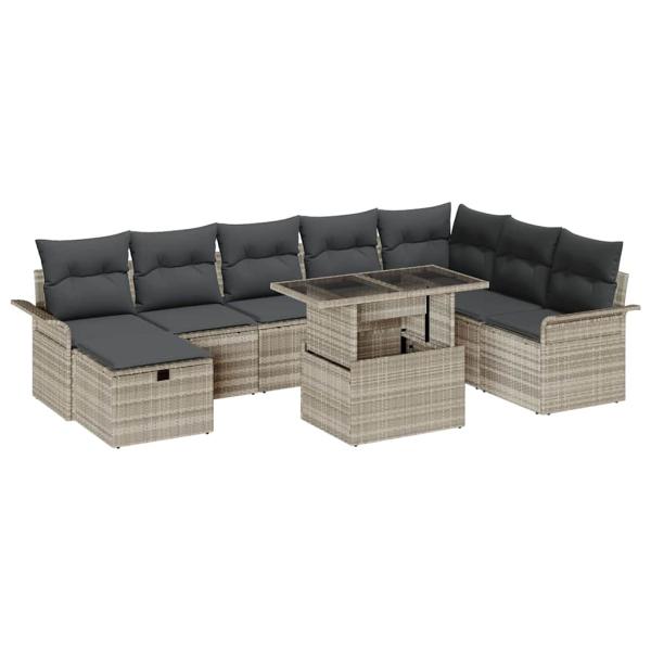 9-teiliges Garten Sofa Set mit Kissen Hellgraues Poly Rattan, 2-Sitzer Garten Sofa mit Stauraum & Kissen Hellgraues Poly Rattan