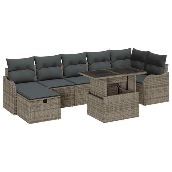 8-teiliges Garten Sofa Set mit Kissen Grau Poly Rattan, 2-Sitzer Garten Sofa mit Stauraum & Kissen Grau Poly Rattan