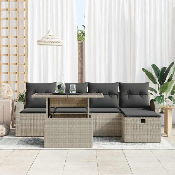 6-teiliges Garten Sofa Set mit Kissen Hellgrau Poly Rattan, 2-Sitzer Garten Sofa mit Stauraum und Kissen Hellgrau Poly Rattan