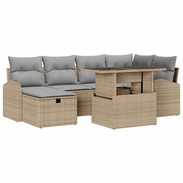 7-teiliges Garten-Sofa Set mit Kissen Beige Poly-Rattan, 2-Sitzer Garten-Sofa mit Stauraum & Kissen Beige Poly-Rattan