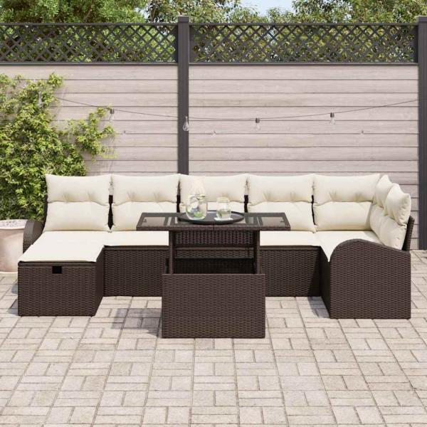 8-teiliges Garten-Sofa-Set mit Kissen Braun Poly Rattan, 2-Sitzer Garten-Sofa mit Stauraum & Kissen Braun Poly Rattan