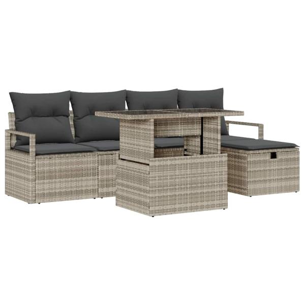 6-teiliges Garten Sofa Set mit Kissen in Hellgrau Poly Rattan, 2-Sitzer Garten Sofa mit Stauraum & Kissen in Grau Poly Rattan
