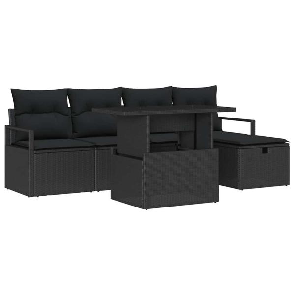 6-teiliges Garten-Sofaset mit Kissen Schwarz Poly Rattan, 2-Sitzer Garten-Sofa mit Stauraum & Kissen Schwarz Poly Rattan