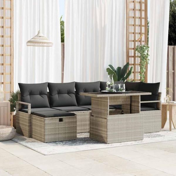 ARDEBO.de - 7-teiliges Garten-Sofa-Set mit Kissen Hellgrau Poly-Rattan, 2-Sitzer Garten-Sofa mit Stauraum & Kissen Grau Poly-Rattan