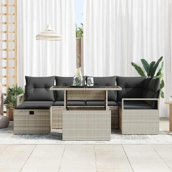 7-teiliges Garten-Sofa-Set mit Kissen Hellgrau Poly-Rattan, 2-Sitzer Garten-Sofa mit Stauraum & Kissen Grau Poly-Rattan