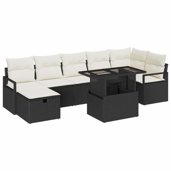 8-teiliges Garten Sofa Set mit Kissen Schwarz Poly Rattan, 2-Sitzer Garten Sofa mit Stauraum & Kissen Schwarz Poly Rattan