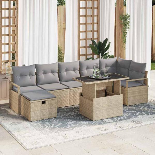 ARDEBO.de - 8-teiliges Garten Sofa Set mit Kissen Beige Poly Rattan, 2-Sitzer Garten Sofa mit Stauraum & Kissen Beige Poly Rattan