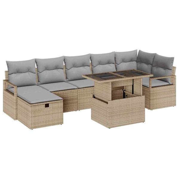 8-teiliges Garten Sofa Set mit Kissen Beige Poly Rattan, 2-Sitzer Garten Sofa mit Stauraum & Kissen Beige Poly Rattan