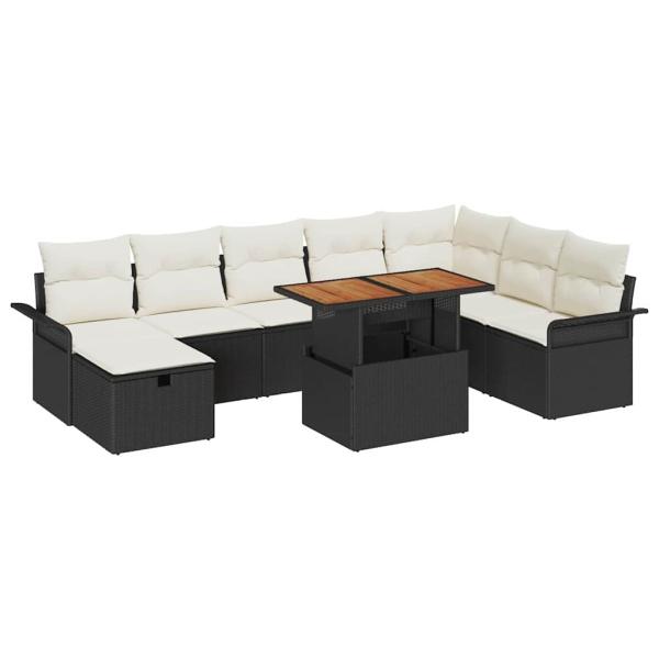 9-teiliges Garten-Sofa-Set mit Kissen Schwarz Poly-Rattan, 2-Sitzer Garten-Sofa mit Stauraum und Kissen Schwarz Poly-Rattan