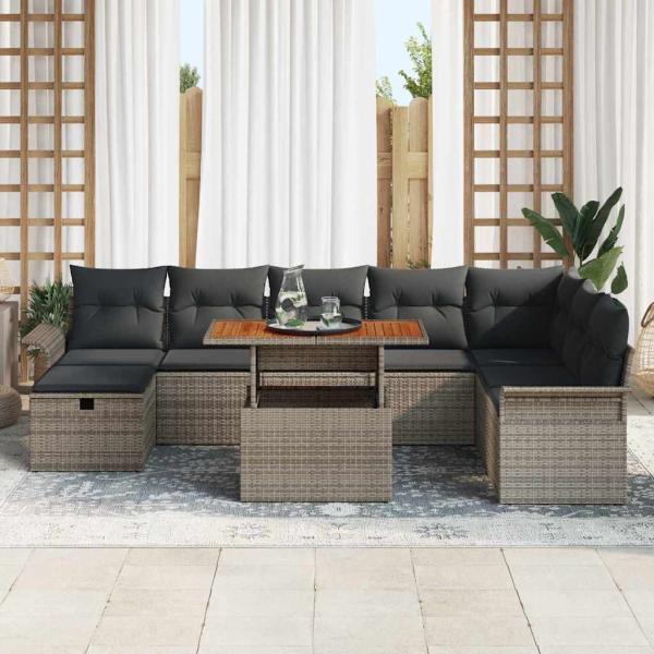 9-teiliges Garten-Sofaset mit Kissen Grau Poly-Rattan, 2-Sitzer Garten-Sofa mit Stauraum und Kissen Grau Poly-Rattan