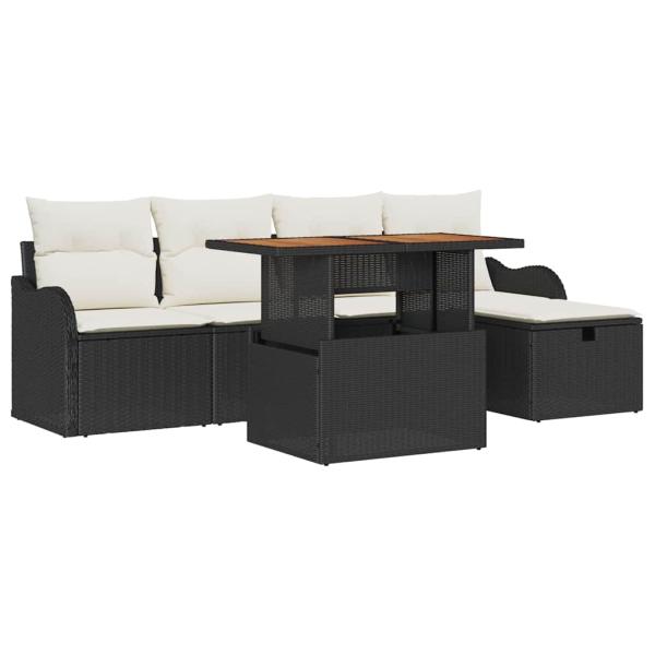 6-teiliges Garten Sofa Set mit Kissen Schwarz Poly Rattan, 2-Sitzer Garten Sofa mit Stauraum & Kissen Schwarz Poly Rattan