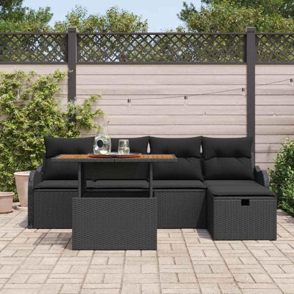 6-teiliges Garten-Sofa-Set mit Kissen Schwarz Poly-Rattan, 2-Sitzer Garten-Sofa mit Stauraum & Kissen Schwarz Poly-Rattan