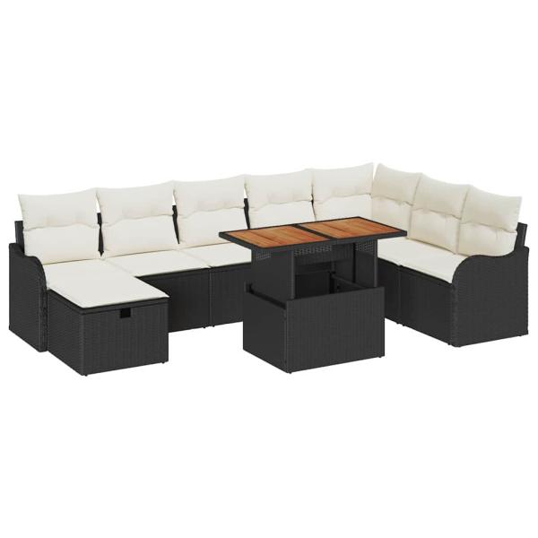 9-teiliges Garten Sofa Set mit Kissen Schwarz Poly Rattan, 2-Sitzer Garten Sofa mit Stauraum & Kissen Schwarz Poly Rattan