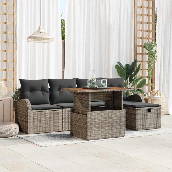 ARDEBO.de - 6-teiliges Garten-Sofa-Set mit Kissen Grau Poly-Rattan, 2-Sitzer Garten-Sofa mit Stauraum & Kissen Grau Poly-Rattan