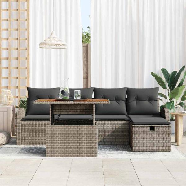 6-teiliges Garten-Sofa-Set mit Kissen Grau Poly-Rattan, 2-Sitzer Garten-Sofa mit Stauraum & Kissen Grau Poly-Rattan