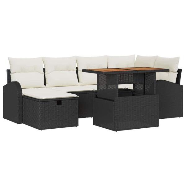 7-teiliges Garten-Sofa-Set mit Kissen Schwarz Poly Rattan, 2-Sitzer Garten-Sofa mit Stauraum und Kissen Schwarz Poly Rattan