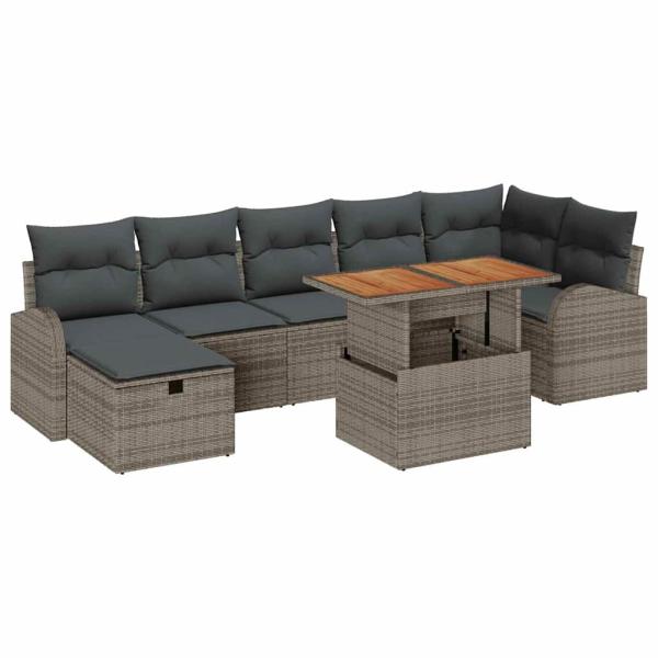 8-teiliges Garten-Sofa-Set mit Kissen Grau Poly-Rattan, 2-Sitzer Garten-Sofa mit Stauraum & Kissen Grau Poly-Rattan