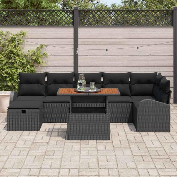 8-teiliges Garten-Sofa-Set mit Kissen Schwarz Poly-Rattan, 2-Sitzer Garten-Sofa mit Stauraum & Kissen Schwarz Poly-Rattan
