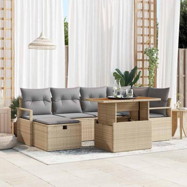 ARDEBO.de - 7-teiliges Garten Sofa Set mit Kissen Beige Poly Rattan, 2-Sitzer Garten Sofa mit Stauraum & Kissen Beige Poly Rattan