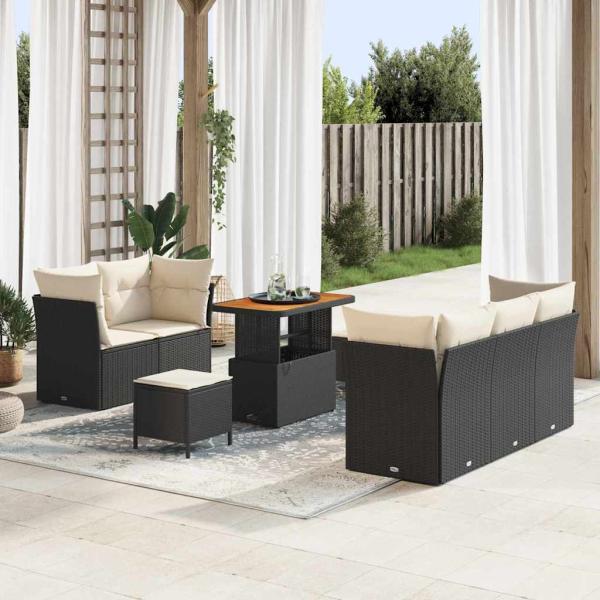 ARDEBO.de - 8-teilige Garten Sofa Set mit Kissen Schwarz Poly Rattan Akazie, 3-teiliges Garten Esstisch Set mit Kissen Schwarz Poly Rattan Akazie
