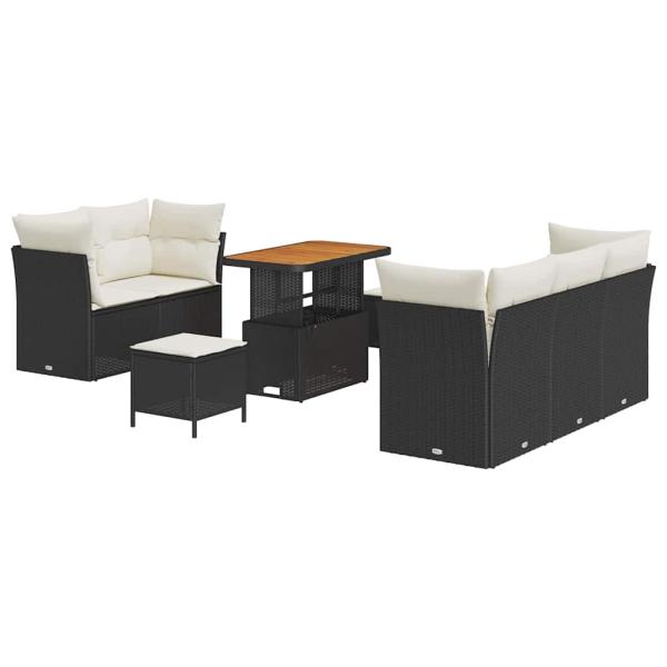 8-teilige Garten Sofa Set mit Kissen Schwarz Poly Rattan Akazie, 3-teiliges Garten Esstisch Set mit Kissen Schwarz Poly Rattan Akazie