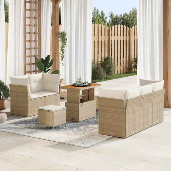 ARDEBO.de - 8-teilige Gartensofa-Garnitur mit Kissen Beige Poly Rattan Akazie, 3-teilige Gartentisch-Garnitur mit Kissen Beige Poly Rattan Akazie