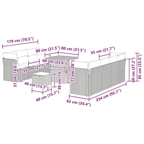 10-teiliges Garten-Sofa-Set mit Kissen schwarzes Poly-Rattan Akazie, 3-teiliges Garten-Ess-Set mit Kissen schwarzes Poly-Rattan Akazie