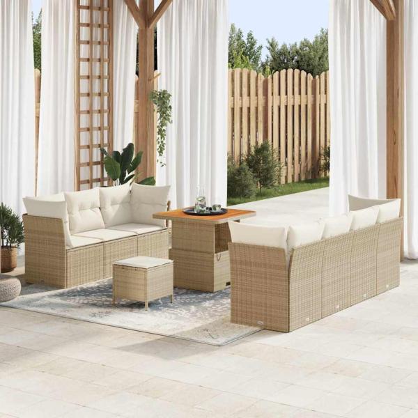 ARDEBO.de - 10-teiliges Garten Sofa Set mit Kissen Beige Poly Rattan Akazie, 3-teiliges Garten Essbereich Set mit Kissen Beige Poly Rattan Akazie