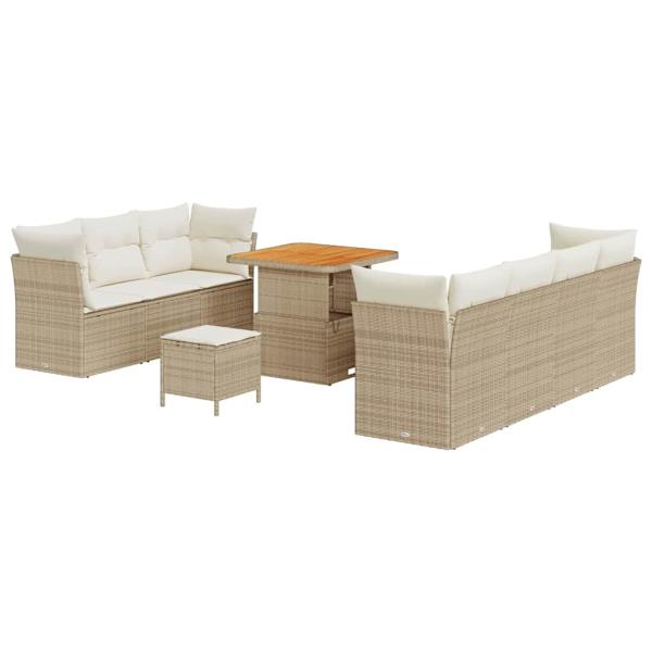 10-teiliges Garten Sofa Set mit Kissen Beige Poly Rattan Akazie, 3-teiliges Garten Essbereich Set mit Kissen Beige Poly Rattan Akazie