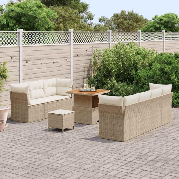 10-teiliges Garten Sofa Set mit Kissen Beige Poly Rattan Akazie, 3-teiliges Garten Essbereich Set mit Kissen Beige Poly Rattan Akazie