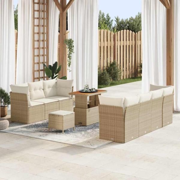 ARDEBO.de - 10-teiliges Garten Sofa Set mit Kissen Beige Poly Rattan Akazie, 3-teiliges Garten Esstisch Set mit Kissen Beige Poly Rattan Akazie