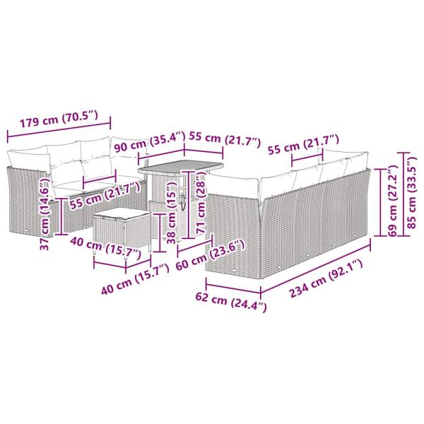 10-teiliges Garten Sofa Set mit Kissen Beige Poly Rattan Akazie, 3-teiliges Garten Esstisch Set mit Kissen Beige Poly Rattan Akazie