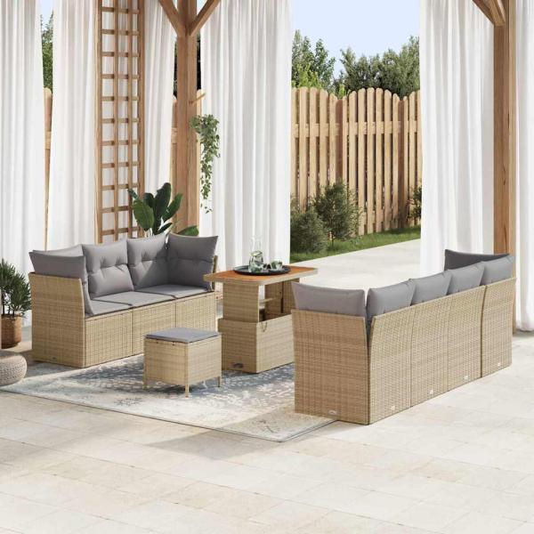 ARDEBO.de - 10-teiliges Garten Sofa Set mit Kissen Beige Poly Rattan Akazie, 3-teiliges Garten Essbereich Set mit Kissen Beige Poly Rattan Akazie