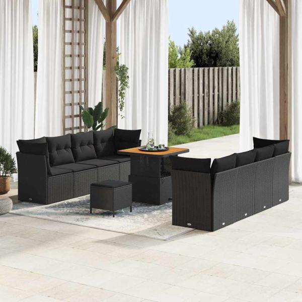 ARDEBO.de - 11-teiliges Garten-Sofa-Set mit Kissen Schwarz Poly-Rattan Akazie, 3-teiliges Garten-Dining-Set mit Kissen Schwarz Poly-Rattan Akazie