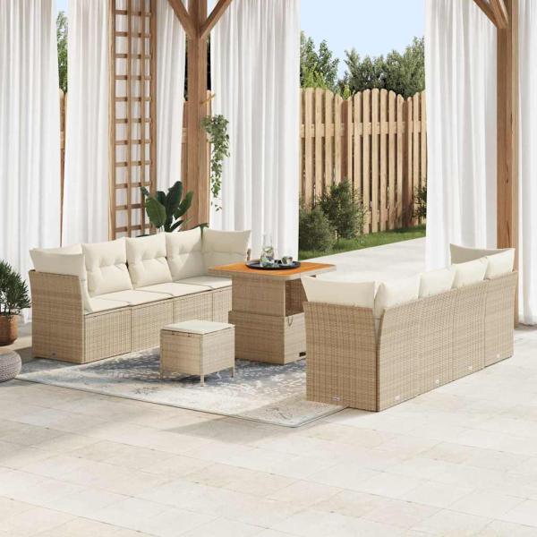 ARDEBO.de - 11-teiliges Garten Sofa Set mit Kissen Beige Poly Rattan Akazie, 3-teiliges Garten Essset mit Kissen Beige Poly Rattan Akazie