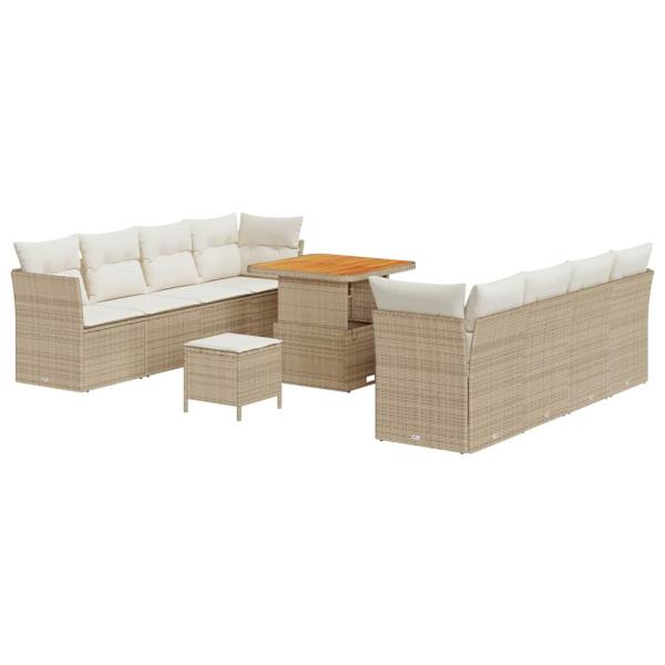 11-teiliges Garten Sofa Set mit Kissen Beige Poly Rattan Akazie, 3-teiliges Garten Essset mit Kissen Beige Poly Rattan Akazie
