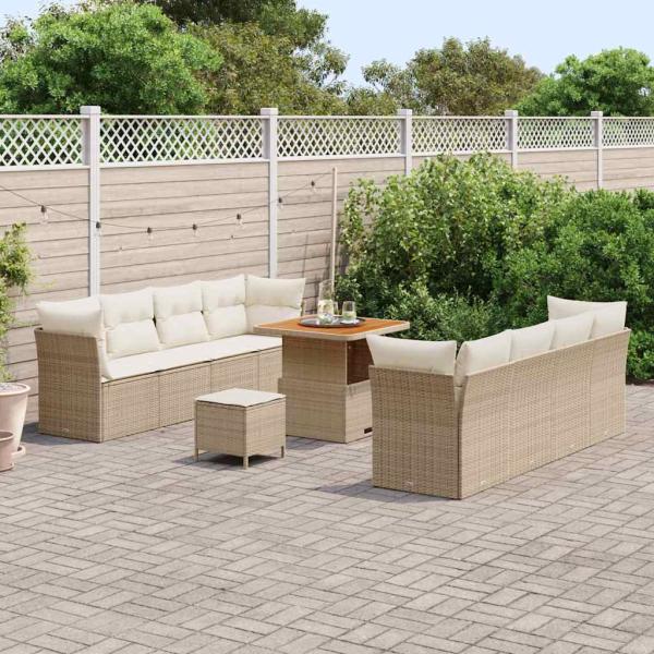 11-teiliges Garten Sofa Set mit Kissen Beige Poly Rattan Akazie, 3-teiliges Garten Essset mit Kissen Beige Poly Rattan Akazie