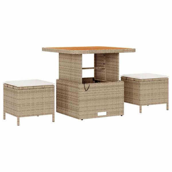 11-teiliges Garten Sofa Set mit Kissen Beige Poly Rattan Akazie, 3-teiliges Garten Essset mit Kissen Beige Poly Rattan Akazie