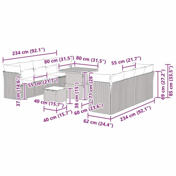 11-teilige Garten Sofa Set mit Kissen Beiges Poly Rattan Akazie, 3-teiliges Garten Ess-Set mit Kissen Beiges Poly Rattan Akazie