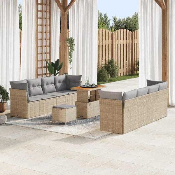 ARDEBO.de - 11-teiliges Garten Sofa Set mit Kissen Beige Poly Rattan Akazie, 3-teiliges Garten Esstisch Set mit Kissen Beige Poly Rattan Akazie