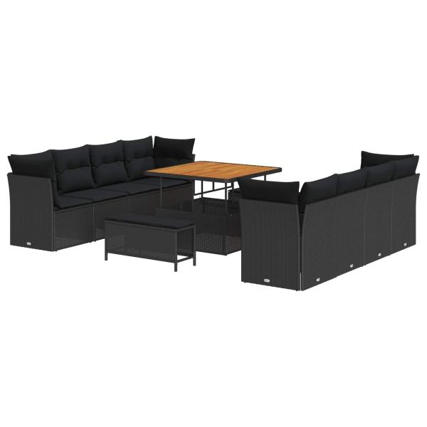 11-teiliges Gartensofa Set mit Kissen Schwarz Poly-Rattan Akazie, 3-teiliges Garten-Ess-Set mit Kissen Schwarz Poly-Rattan Akazie