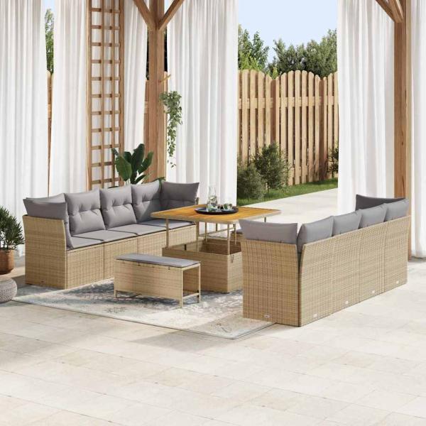 ARDEBO.de - 11-teiliges Garten Sofa Set mit Kissen Beige Poly Rattan Akazie, 3-teiliges Garten Ess Set mit Kissen Beige Poly Rattan Akazie