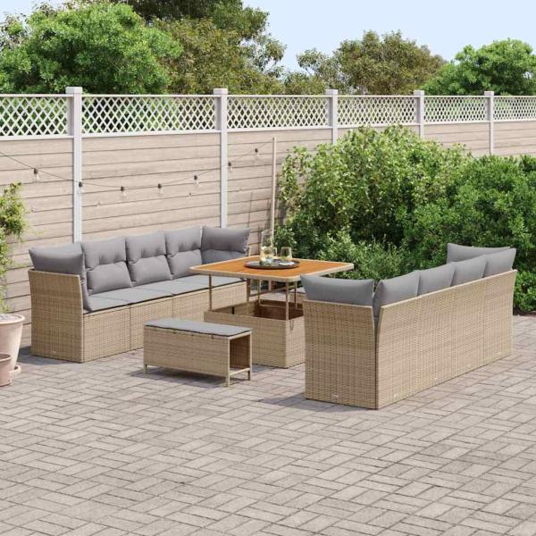 11-teiliges Garten Sofa Set mit Kissen Beige Poly Rattan Akazie, 3-teiliges Garten Ess Set mit Kissen Beige Poly Rattan Akazie